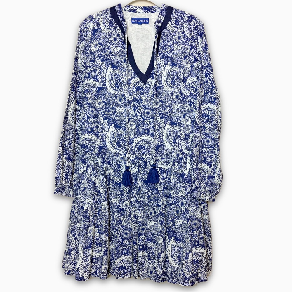 Ro's Garden Blue Paisley 100% Cotton Tiered Tassel Mini Dress XS Boho Relaxed